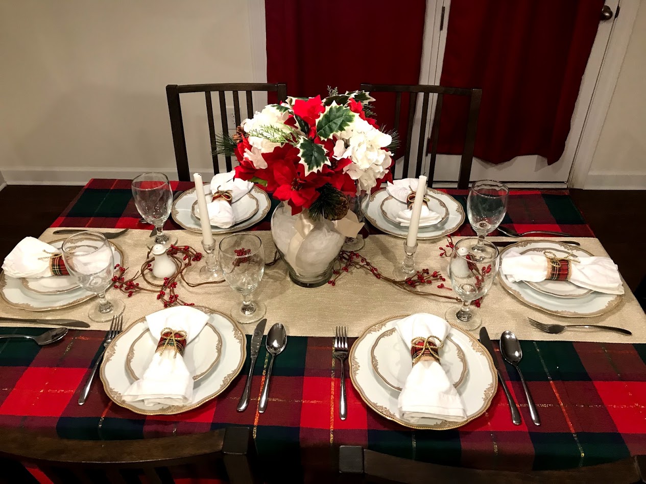 Winter tablescape with flowers and china